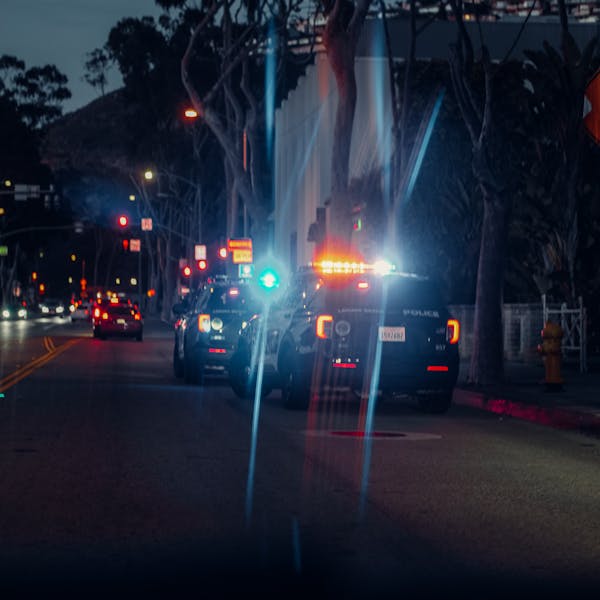 Illuminated police cars parked on a city street at night, creating a dramatic urban scene.
