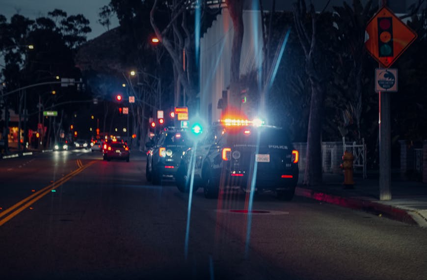 Illuminated police cars parked on a city street at night, creating a dramatic urban scene.