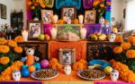 Altar de Día de los Muertos tradicional en Arizona con flores de cempasúchil, pan de muerto y nivel dedicado a mascotas.