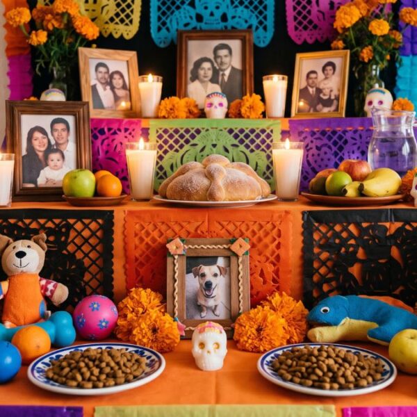 Altar de Día de los Muertos tradicional en Arizona con flores de cempasúchil, pan de muerto y nivel dedicado a mascotas.
