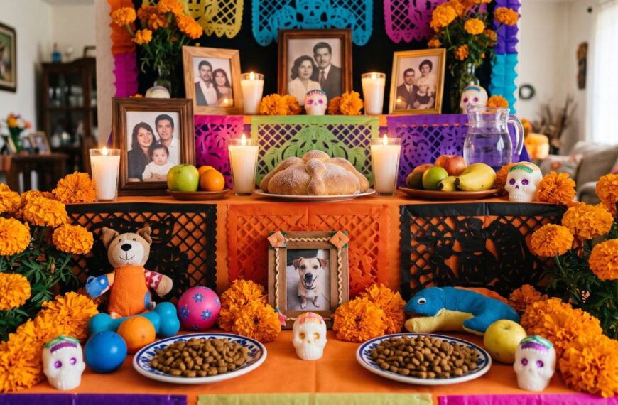 Altar de Día de los Muertos tradicional en Arizona con flores de cempasúchil, pan de muerto y nivel dedicado a mascotas.