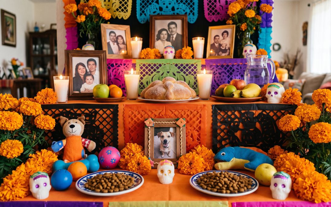 Altar de Día de los Muertos tradicional en Arizona con flores de cempasúchil, pan de muerto y nivel dedicado a mascotas.