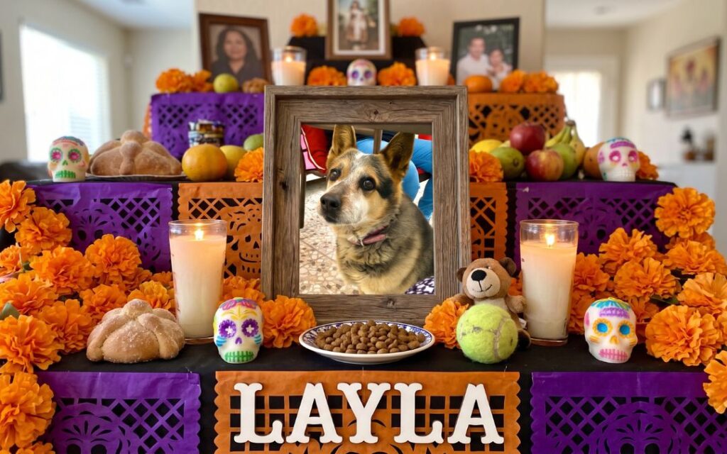 Altar tradicional de Día de los Muertos en Arizona dedicado a una perrita llamada Layla, con su fotografía en el centro, letras con su nombre, cempasúchil, veladoras, pan de muerto y su comida de mascota.