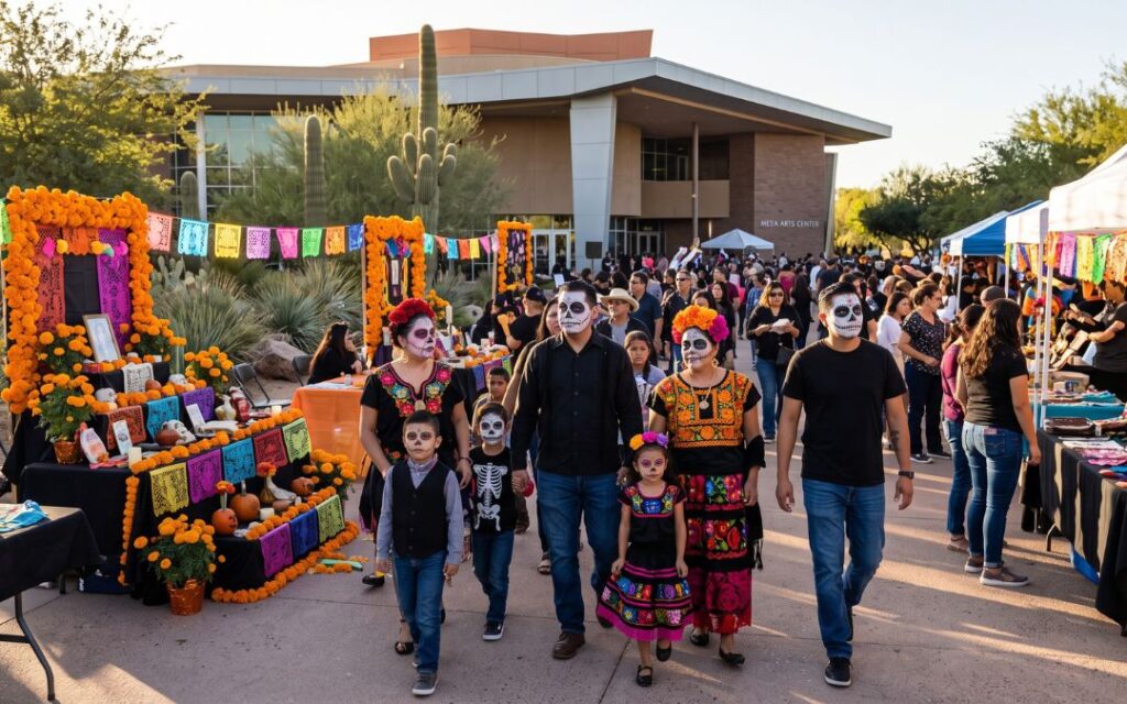 Familias celebrando el Festival de Día de los Muertos en el exterior del Mesa Arts Center con rostros pintados de catrinas, altares comunitarios y puestos de artesanías.